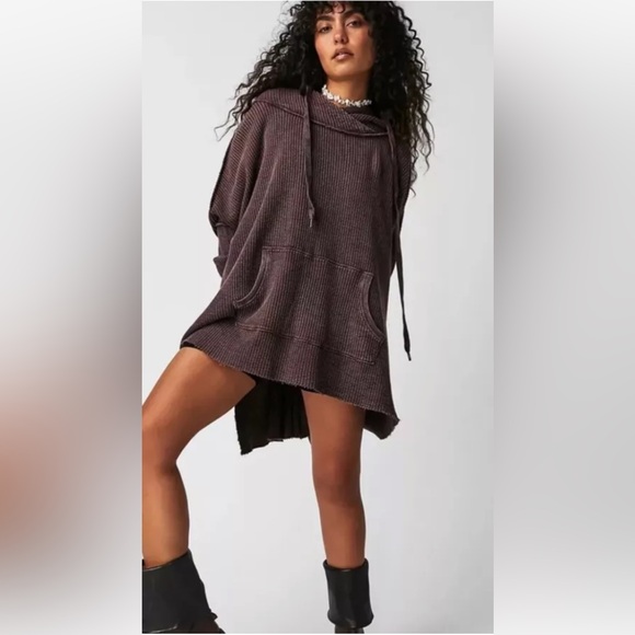 Free People Pants - Free People One Gannet Hoodie Waffle Knit Front Pocket Side Slits Brown